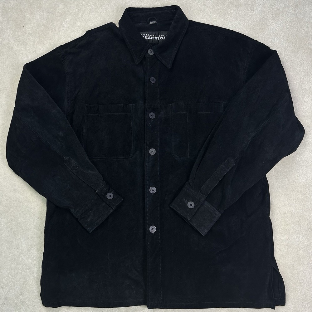 Kenneth Cole Pig Suede Leather Button Up Shirt Jacket Mens Med Black Shacket